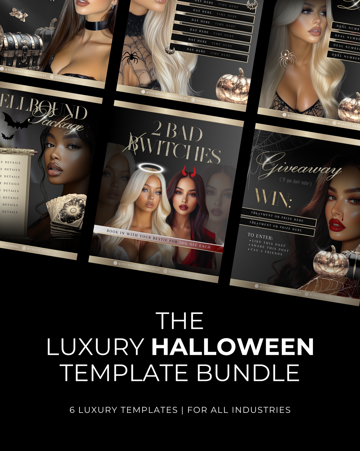 Halloween Social Media Instagram Canva Template Post Bundle | GOLD & BLACK | 6 Halloween Editable Posts